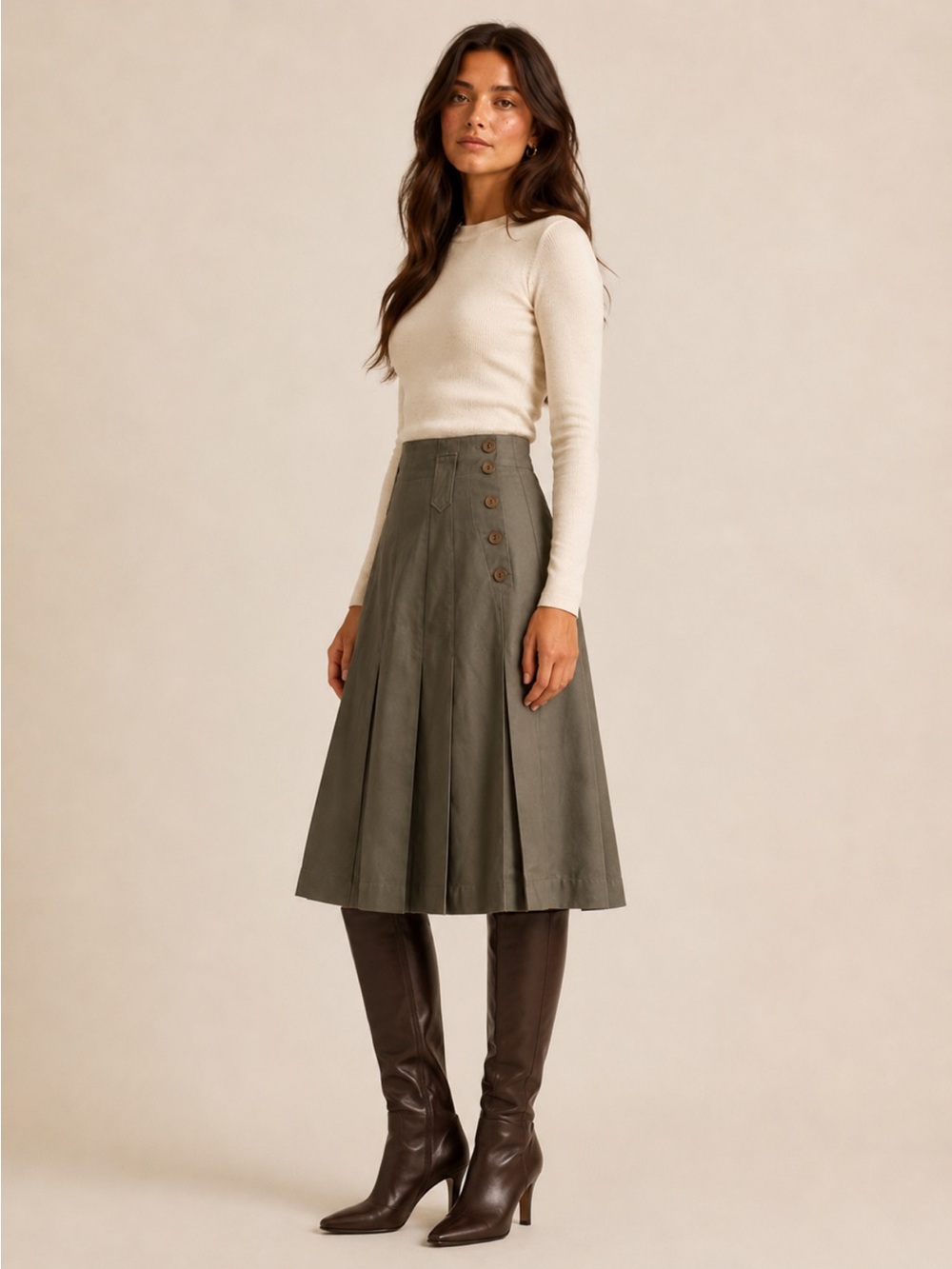 Mondi Vintage Olive Pleated Midi Skirt High Waist Side Button XS S